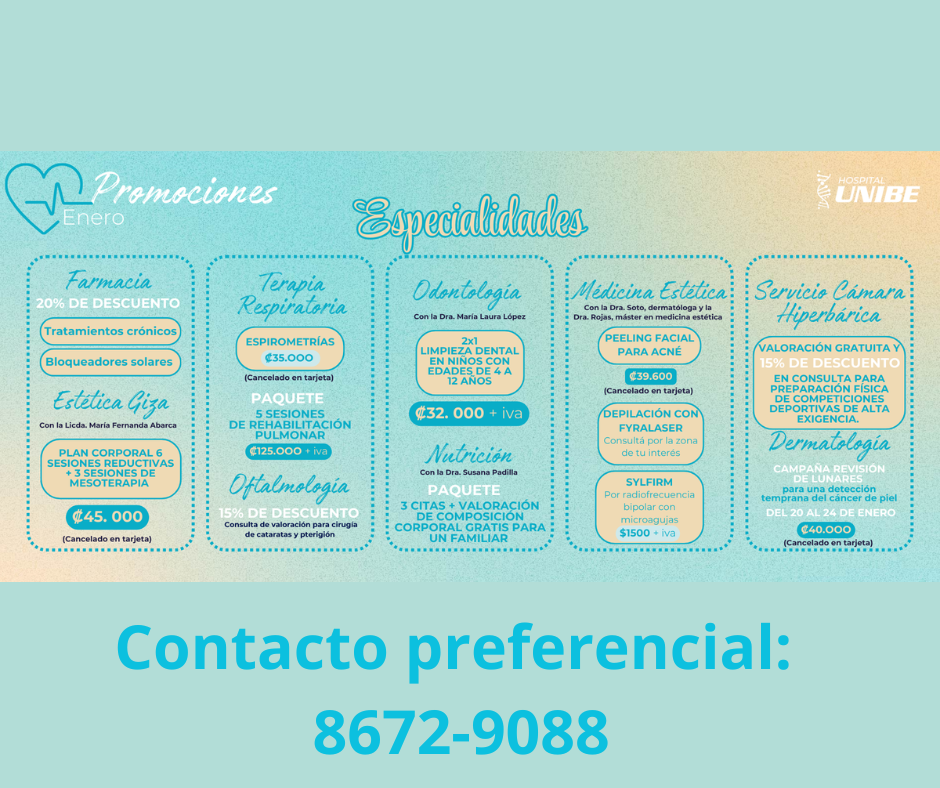 Promociones en especialidades: farmacia, medicina estética, odontología, terapia respiratoria, etc